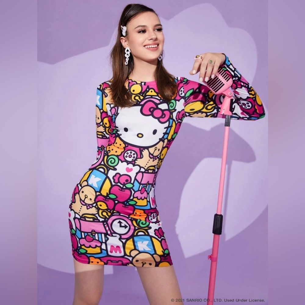 Hello Kitty Multicolor Print Bodycon Dress - Pink Accents